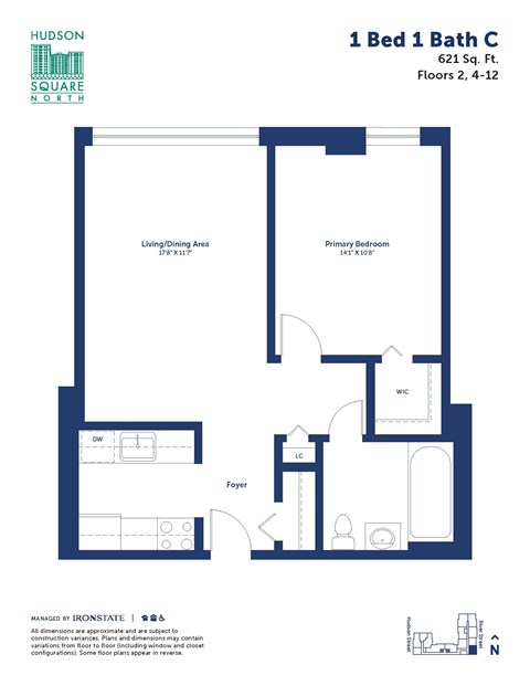 A floor plan for a 1 Bed 1 Bath apartment.